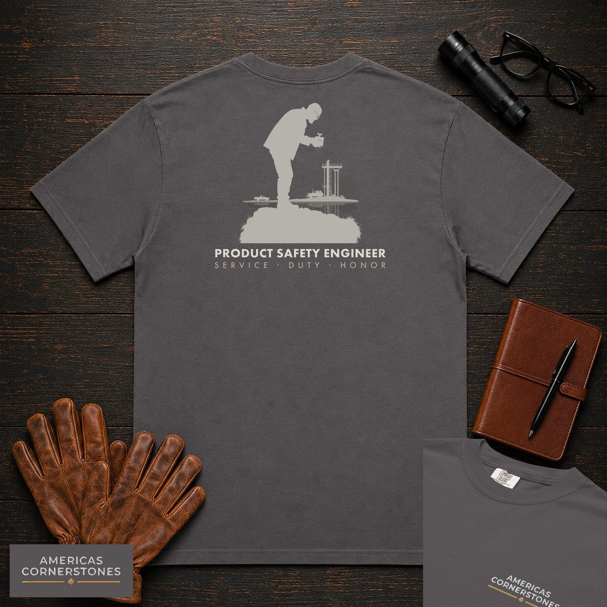Product Safety Engineer T-Shirt | Statement Embroidered Front + Back Print | Drop Test Setup (Male) — Graphite
