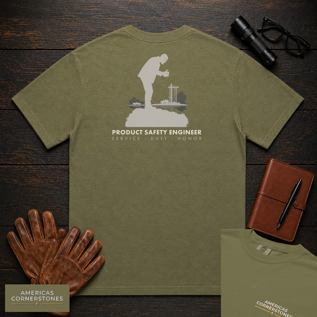 Product Safety Engineer T-Shirt | Statement Embroidered Front + Back Print | Drop Test Setup (Male) — Hemp