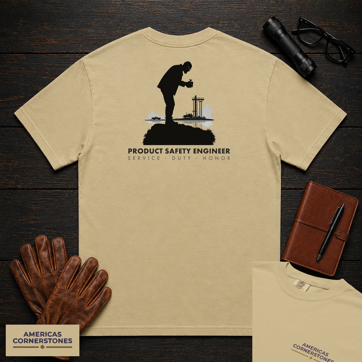 Product Safety Engineer T-Shirt | Statement Embroidered Front + Back Print | Drop Test Setup (Male) — Khaki