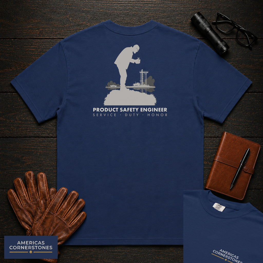Product Safety Engineer T-Shirt | Statement Embroidered Front + Back Print | Drop Test Setup (Male) — True Navy