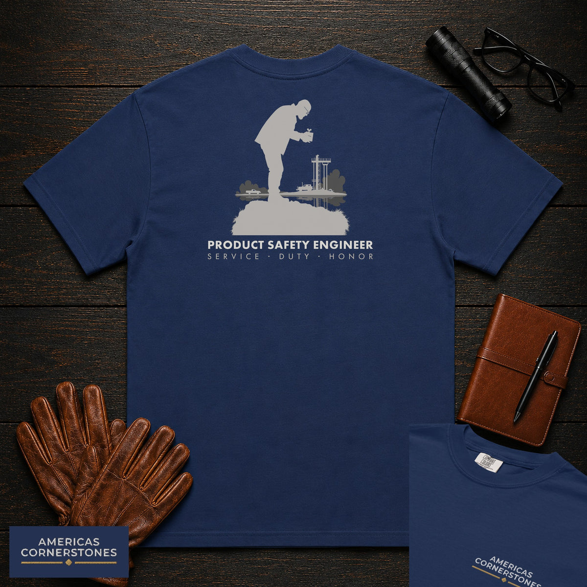 Product Safety Engineer T-Shirt | Statement Embroidered Front + Back Print | Drop Test Setup (Male) — True Navy