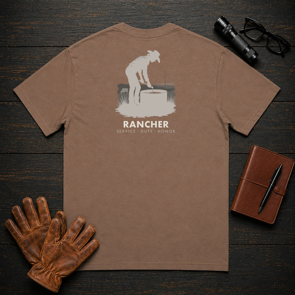 Rancher t-shirt in Espresso, Checking the Water Tank (Female)