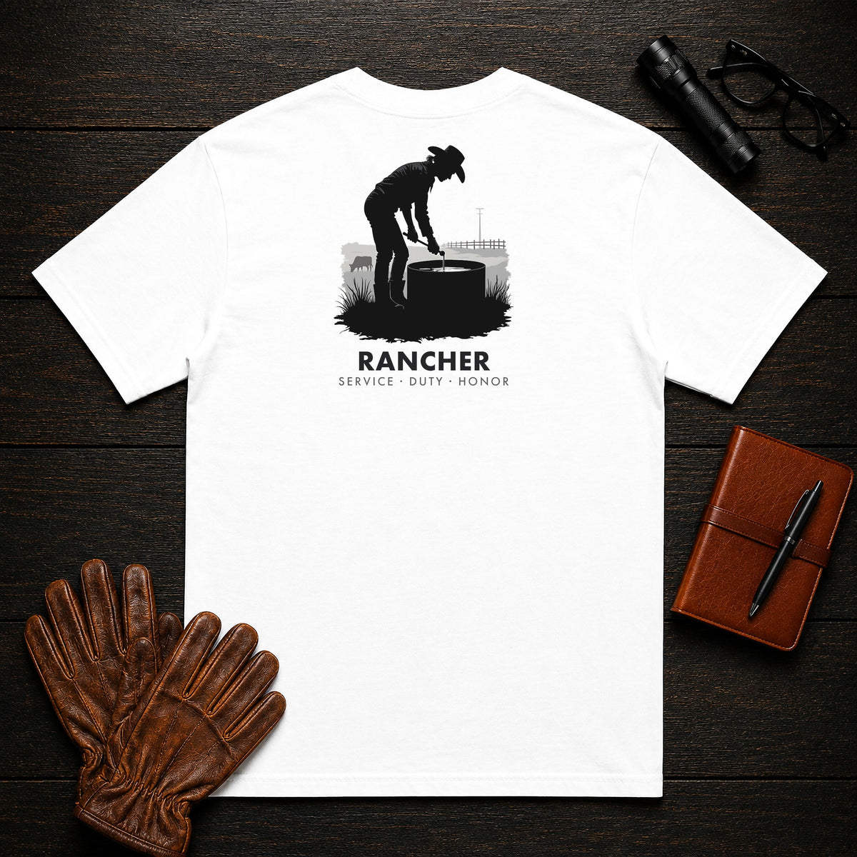 Rancher t-shirt in White, Checking the Water Tank (Female)