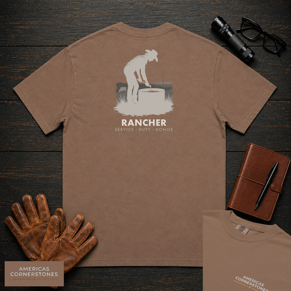 Rancher embroidered t-shirt in Espresso, Checking the Water Tank (Female)