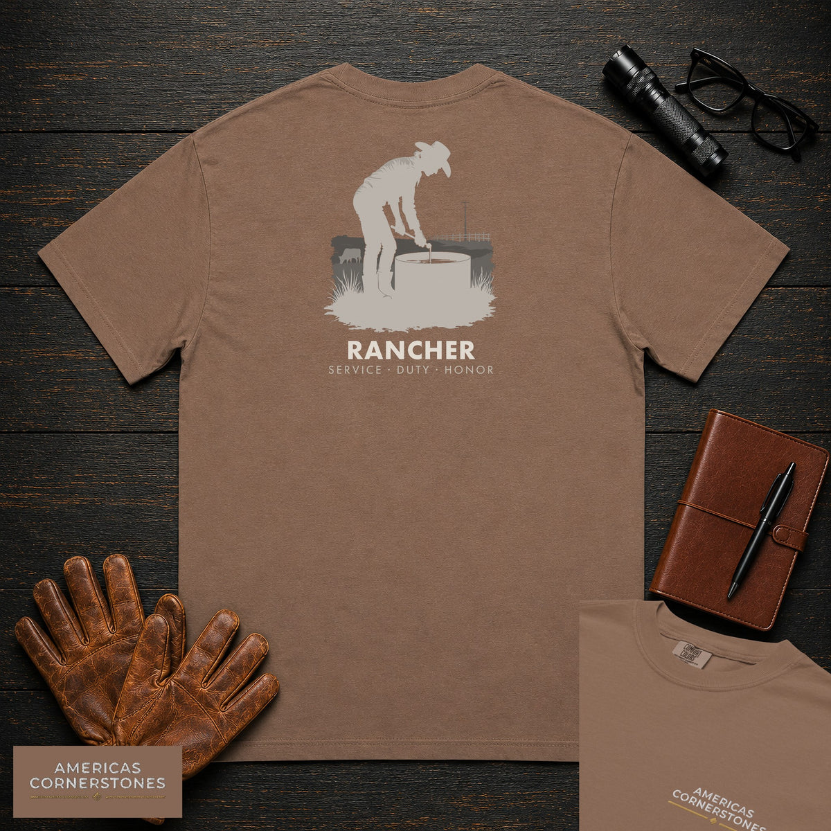 Rancher embroidered t-shirt in Espresso, Checking the Water Tank (Female)
