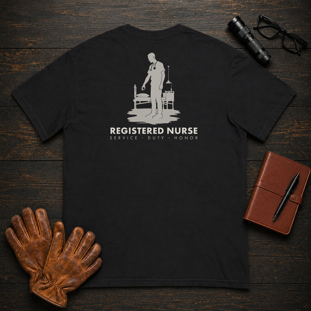Registered Nurse T-Shirt | Standard Back Print | Bedside Assessment (Male) — Black