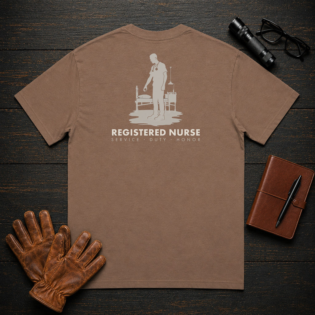 Registered Nurse T-Shirt | Standard Back Print | Bedside Assessment (Male) — Espresso
