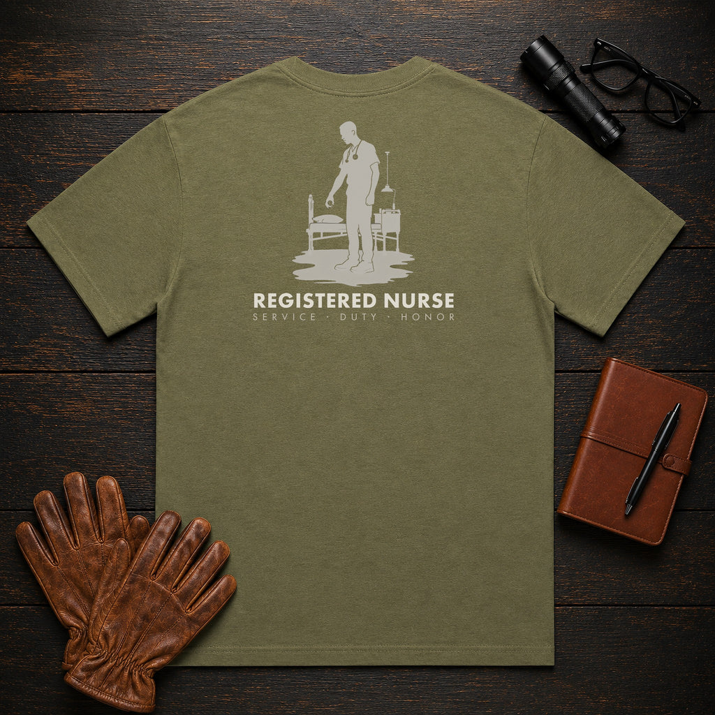 Registered Nurse T-Shirt | Standard Back Print | Bedside Assessment (Male) — Hemp