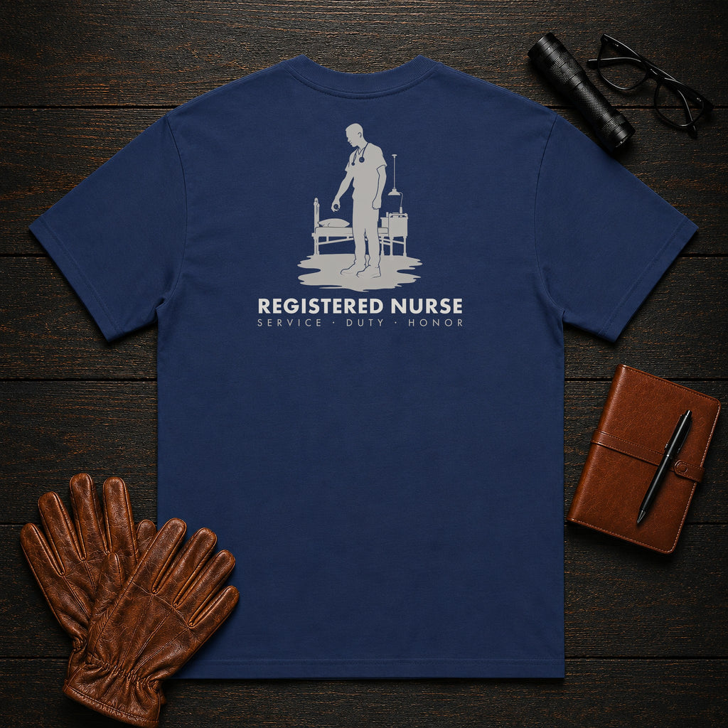 Registered Nurse T-Shirt | Standard Back Print | Bedside Assessment (Male) — True Navy