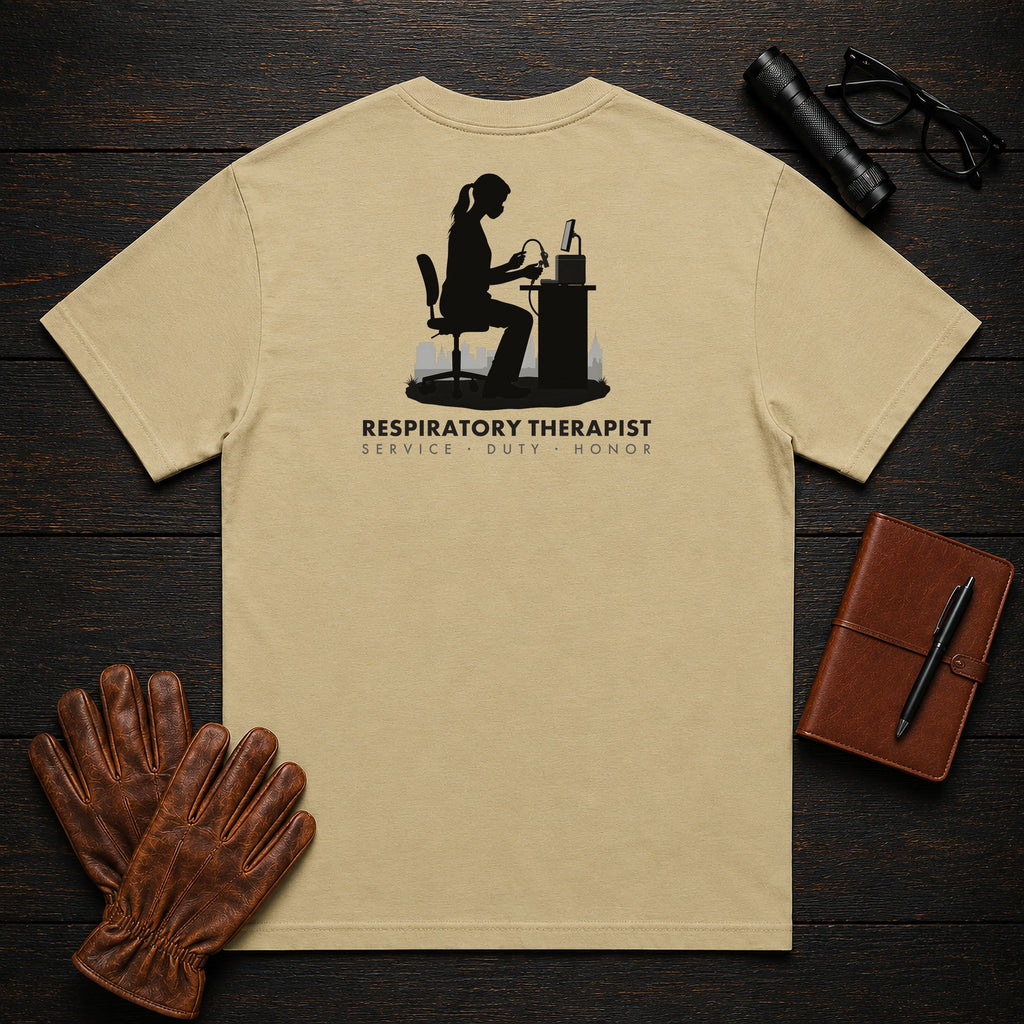 Respiratory Therapist T-Shirt | Standard Back Print | Breathing Test (Female) — Khaki
