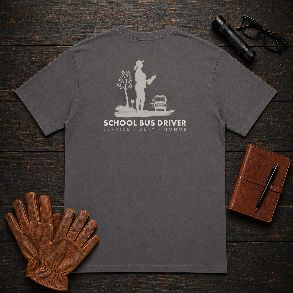 School Bus Driver t-shirt in Graphite, At the Bus Door (Female)