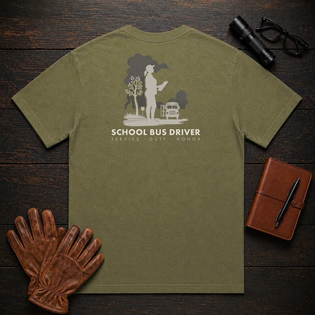 School Bus Driver t-shirt in Hemp, At the Bus Door (Female)