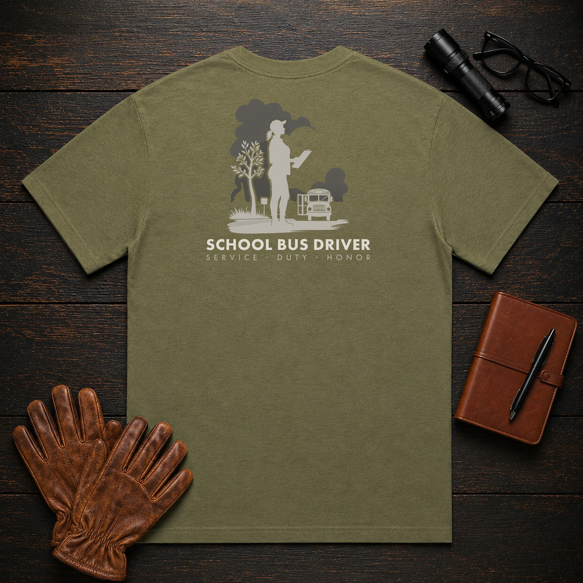 School Bus Driver t-shirt in Hemp, At the Bus Door (Female)