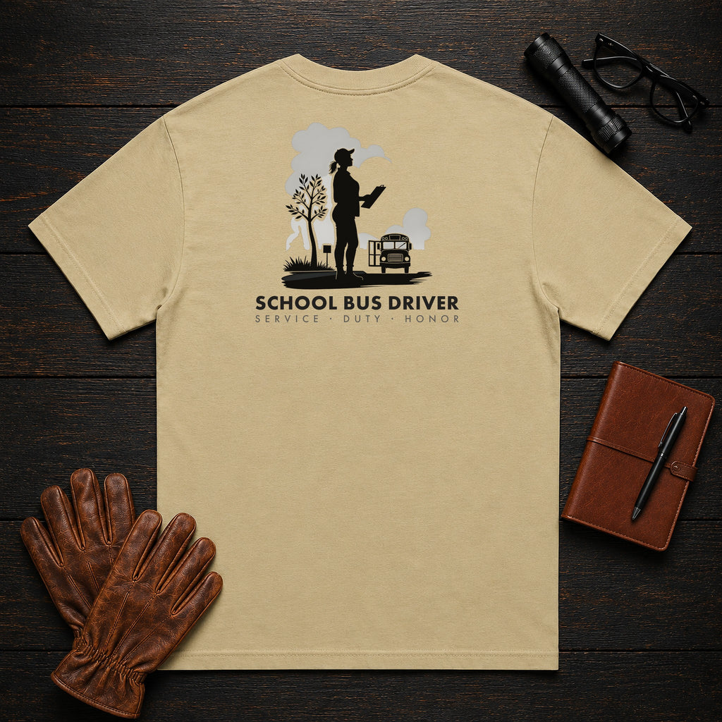 School Bus Driver t-shirt in Khaki, At the Bus Door (Female)