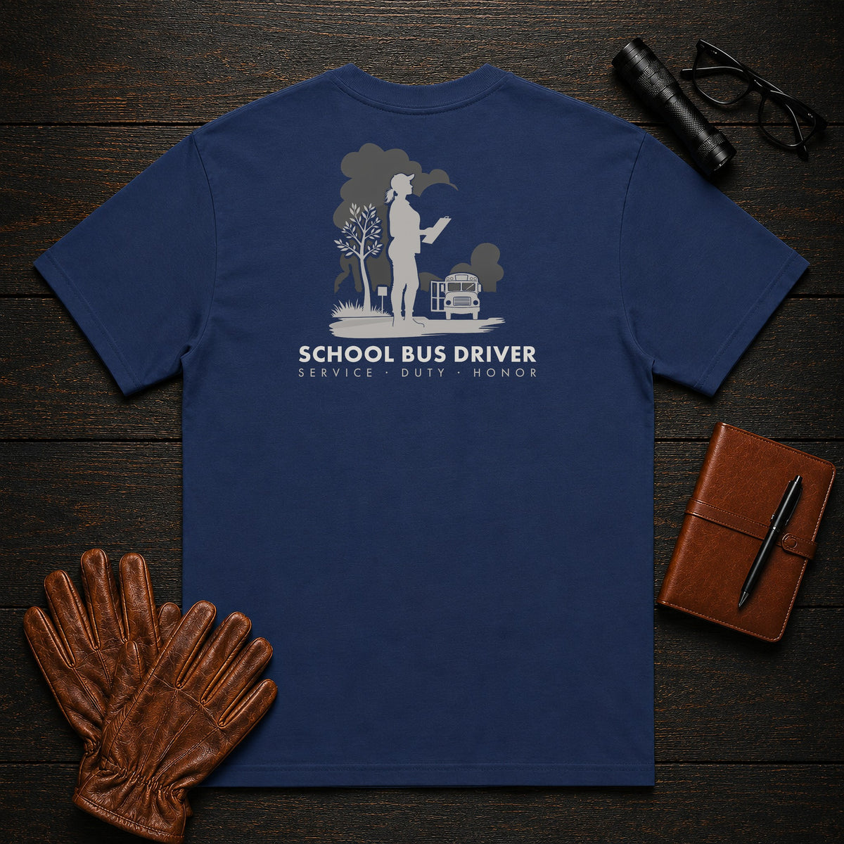 School Bus Driver t-shirt in True Navy, At the Bus Door (Female)