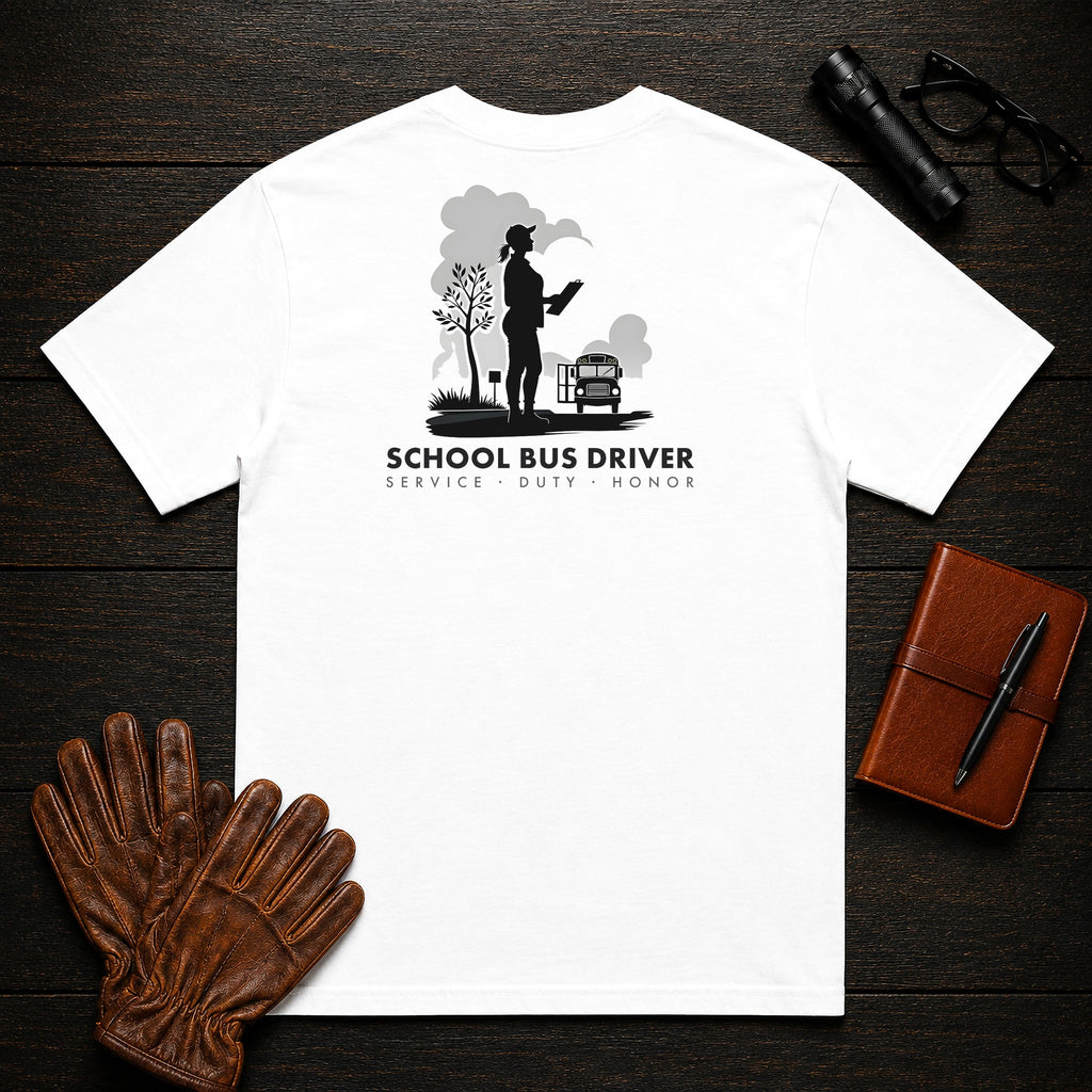 School Bus Driver t-shirt in White, At the Bus Door (Female)