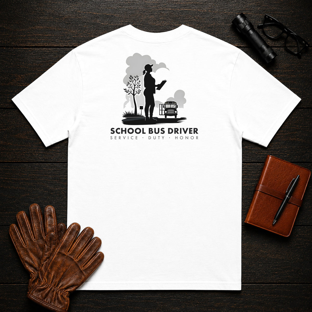 School Bus Driver t-shirt in White, At the Bus Door (Female)