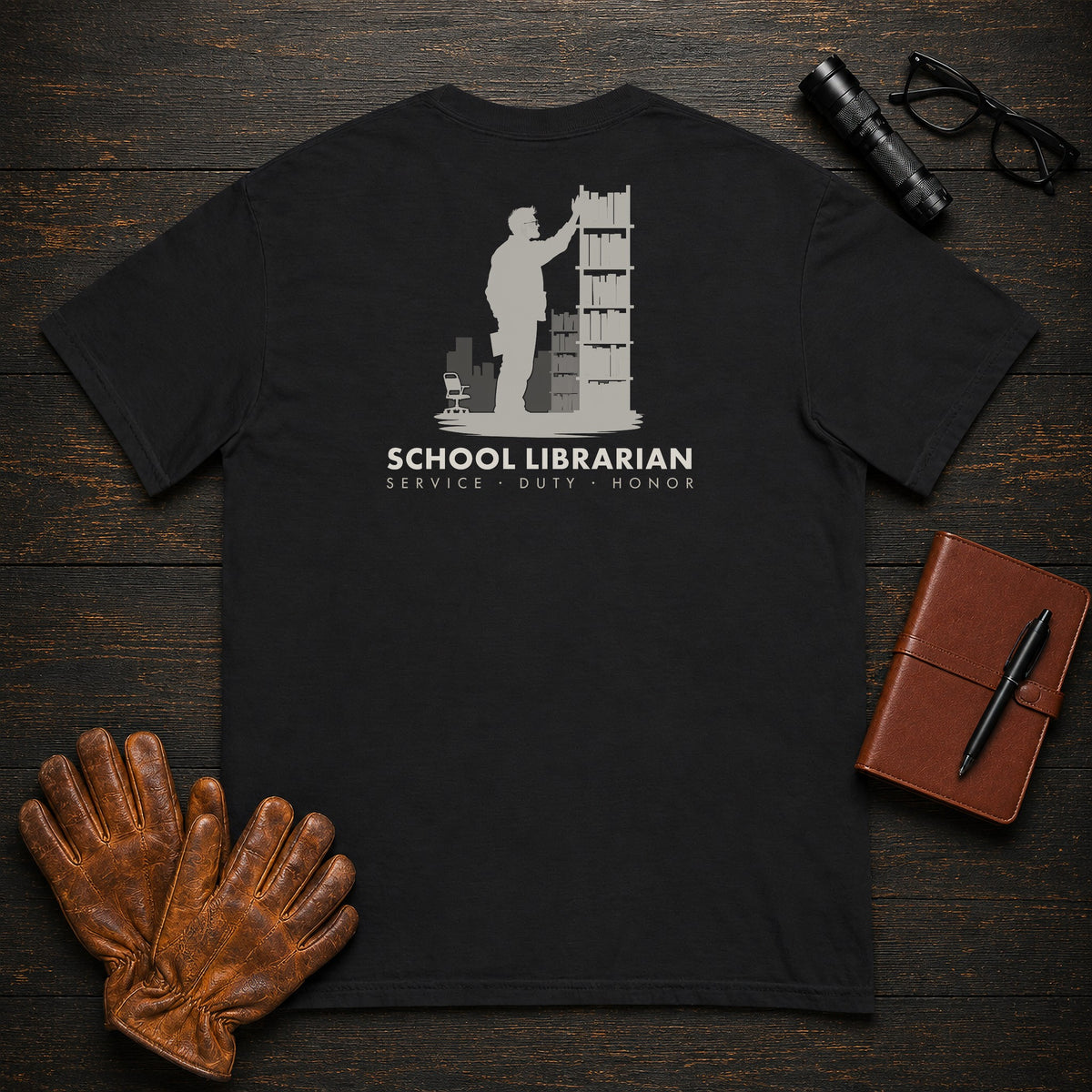 School Librarian t-shirt in Black, Shelving books (Male)