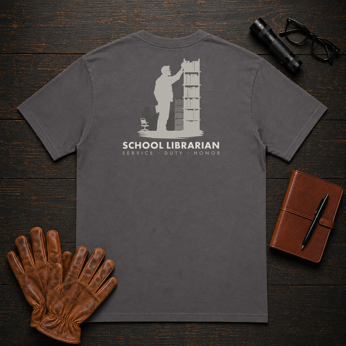 School Librarian t-shirt in Graphite, Shelving books (Male)