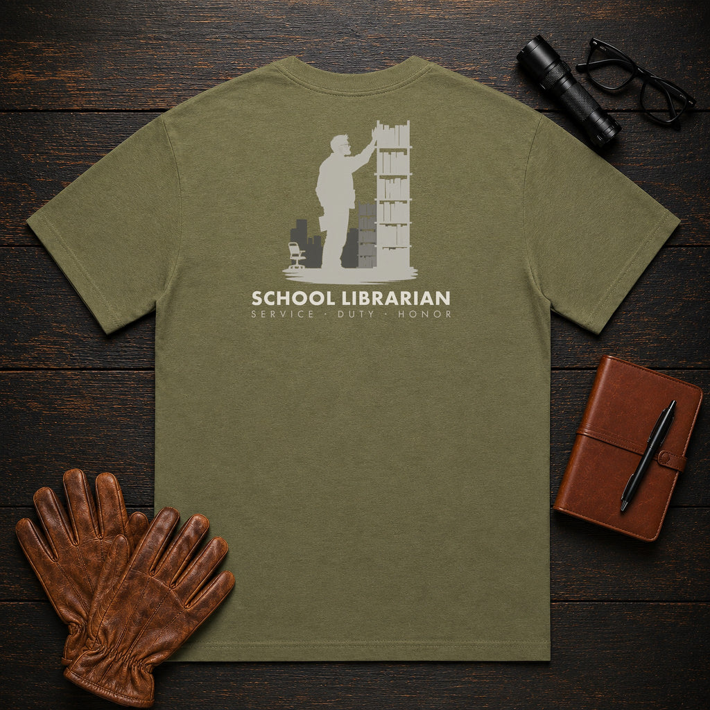School Librarian t-shirt in Hemp, Shelving books (Male)