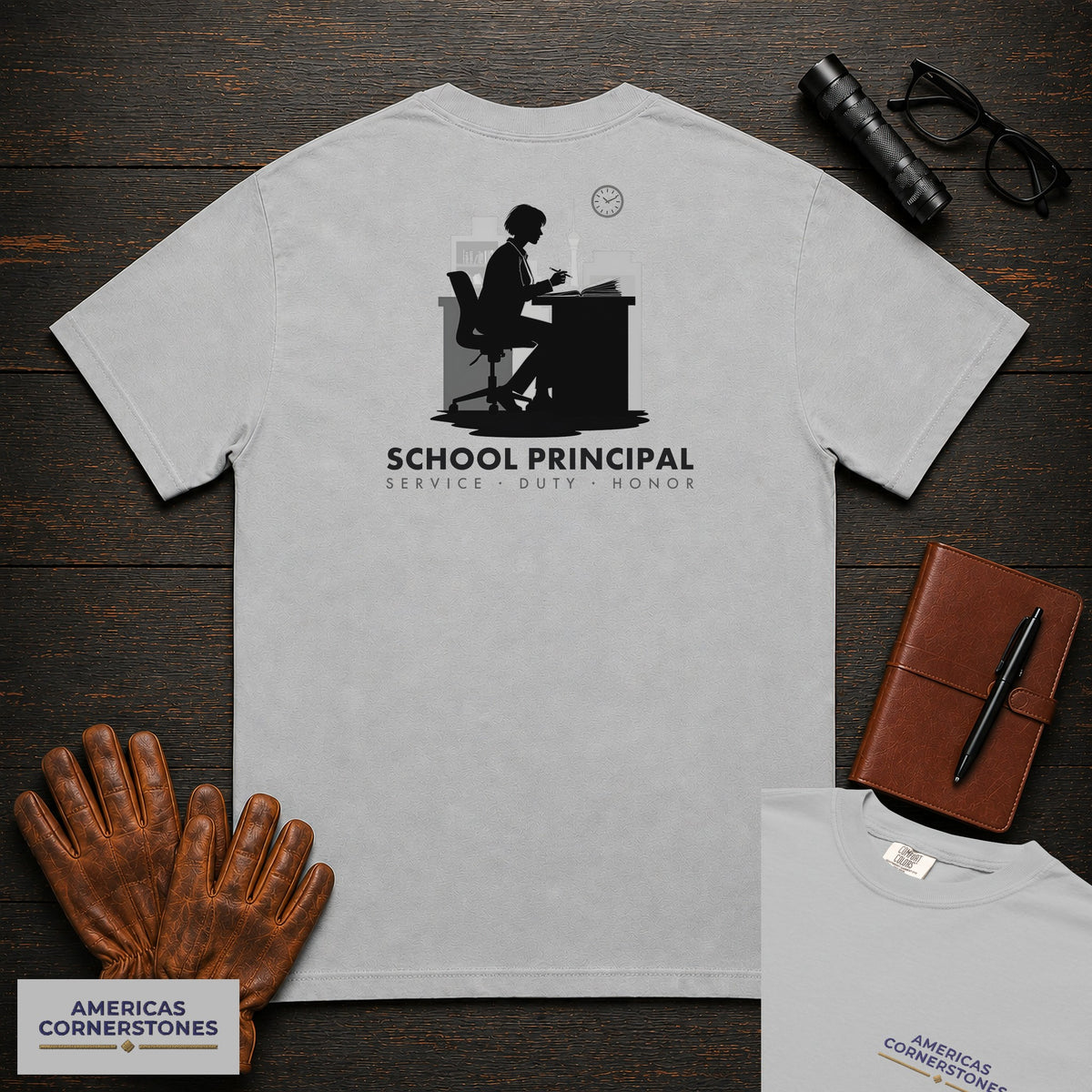 School Principal embroidered t-shirt in Granite, Reviewing at desk (Female)