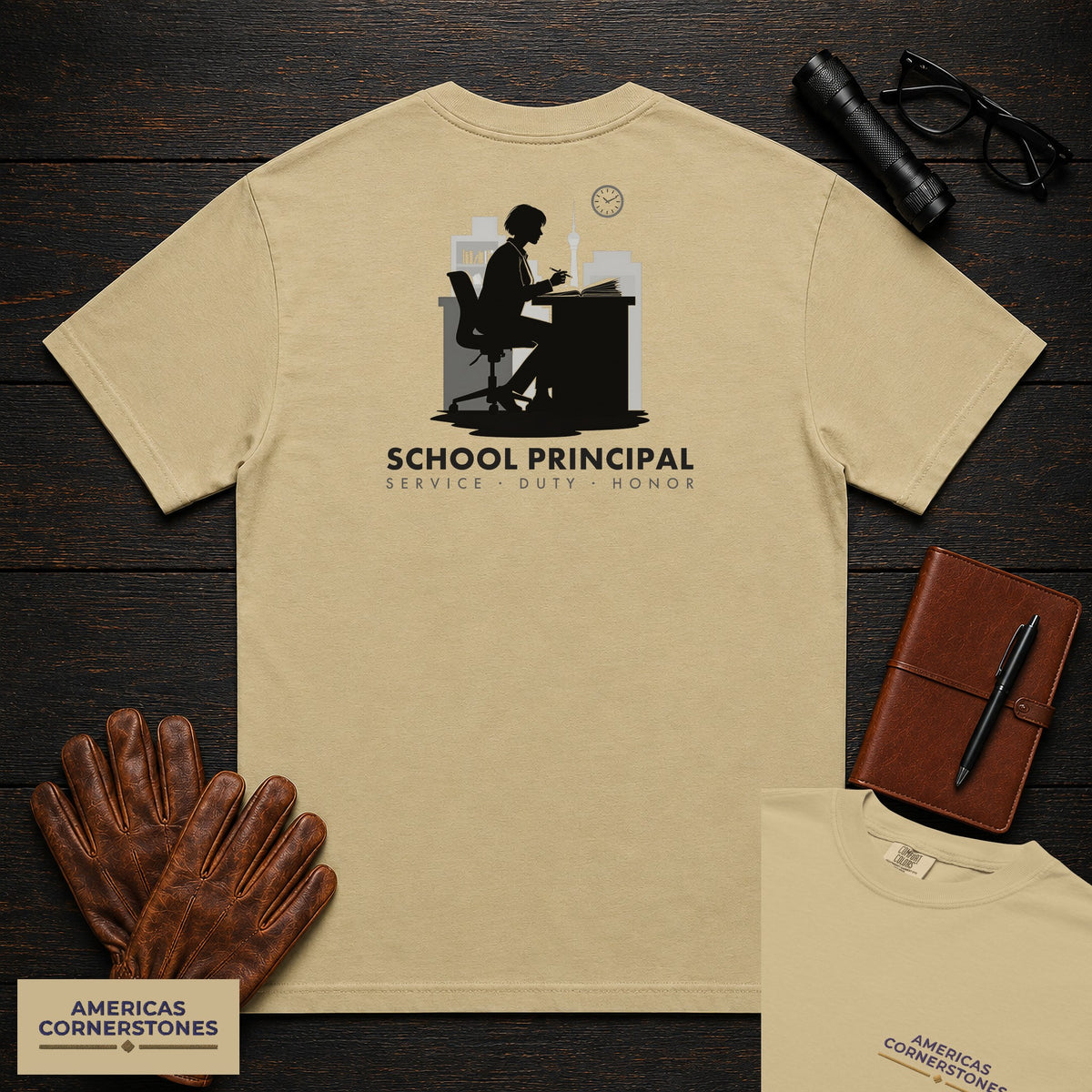 School Principal embroidered t-shirt in Khaki, Reviewing at desk (Female)