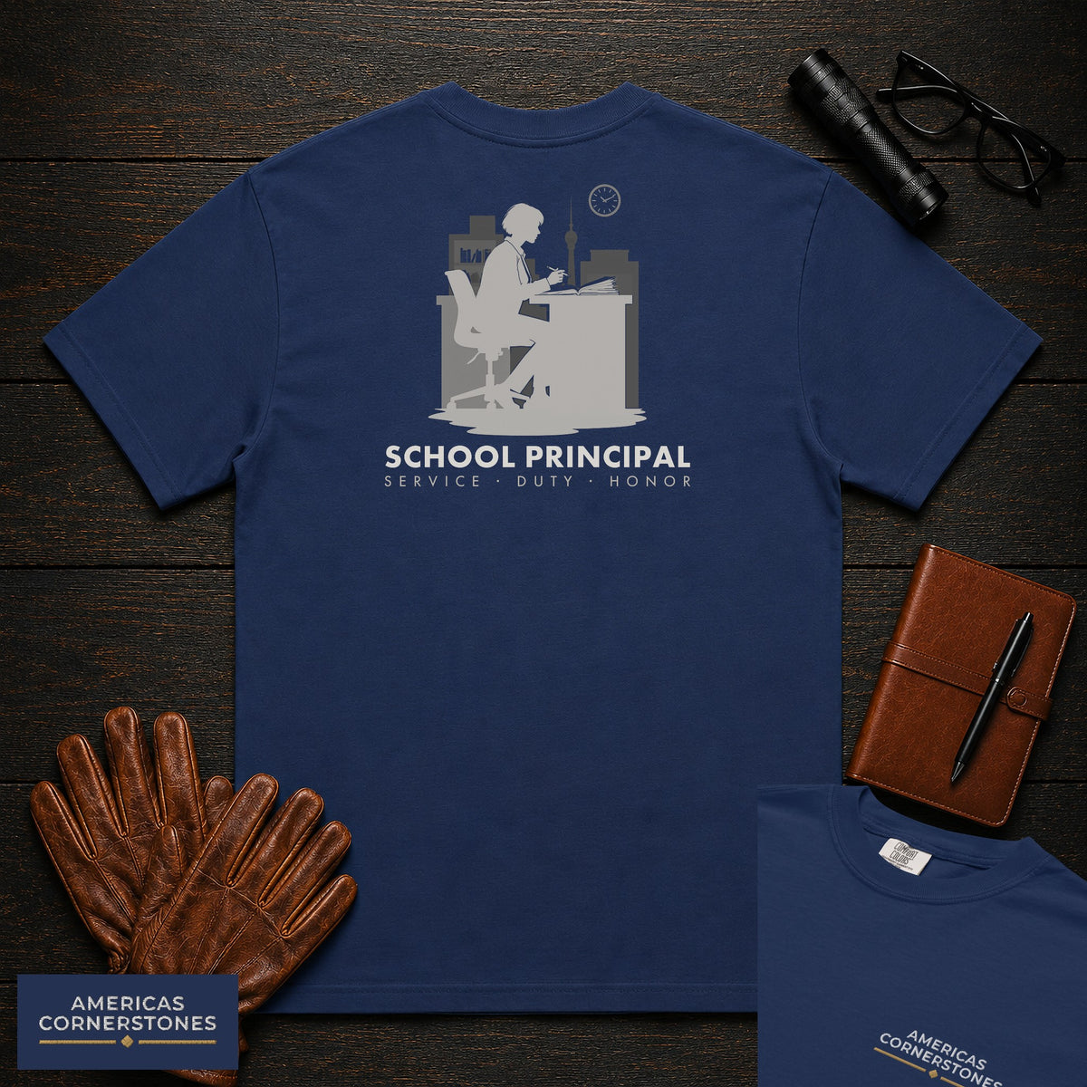 School Principal embroidered t-shirt in True Navy, Reviewing at desk (Female)