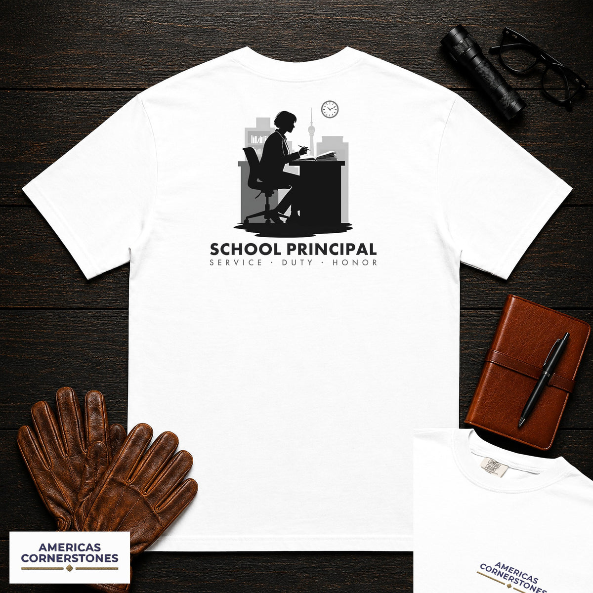 School Principal embroidered t-shirt in White, Reviewing at desk (Female)