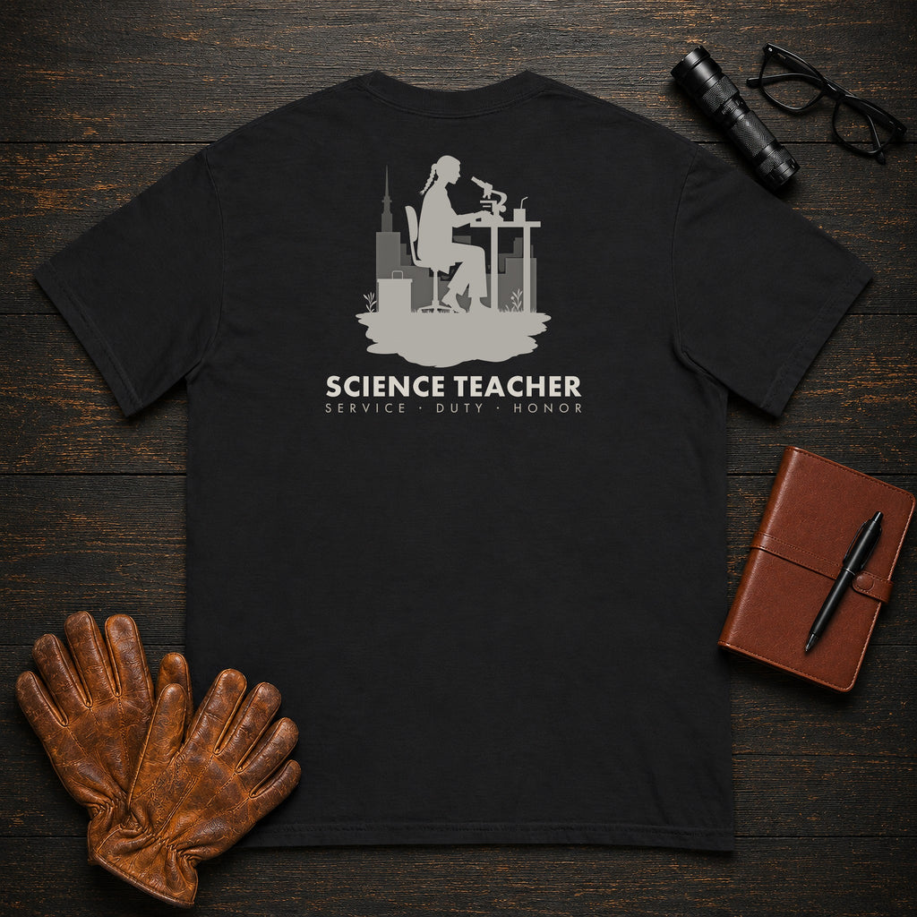 Science Teacher t-shirt in Black, At the microscope (Female)