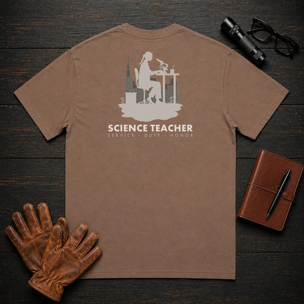 Science Teacher t-shirt in Espresso, At the microscope (Female)