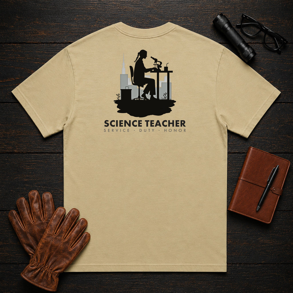 Science Teacher t-shirt in Khaki, At the microscope (Female)