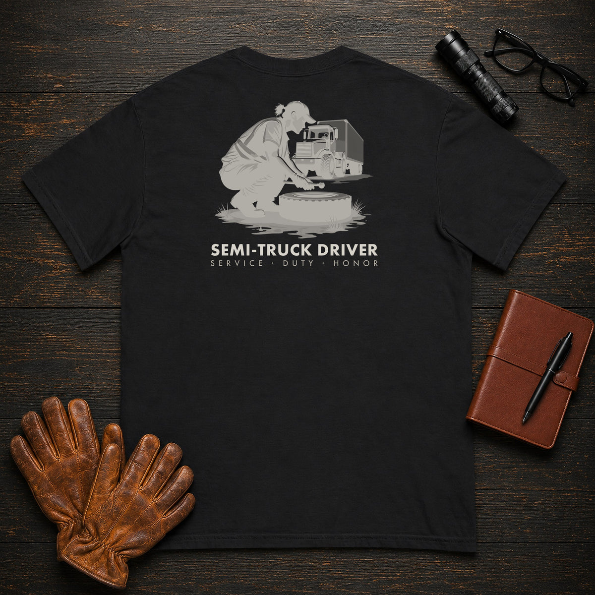 Semi Truck Driver t-shirt in Black, Trailer Walkaround (Female)