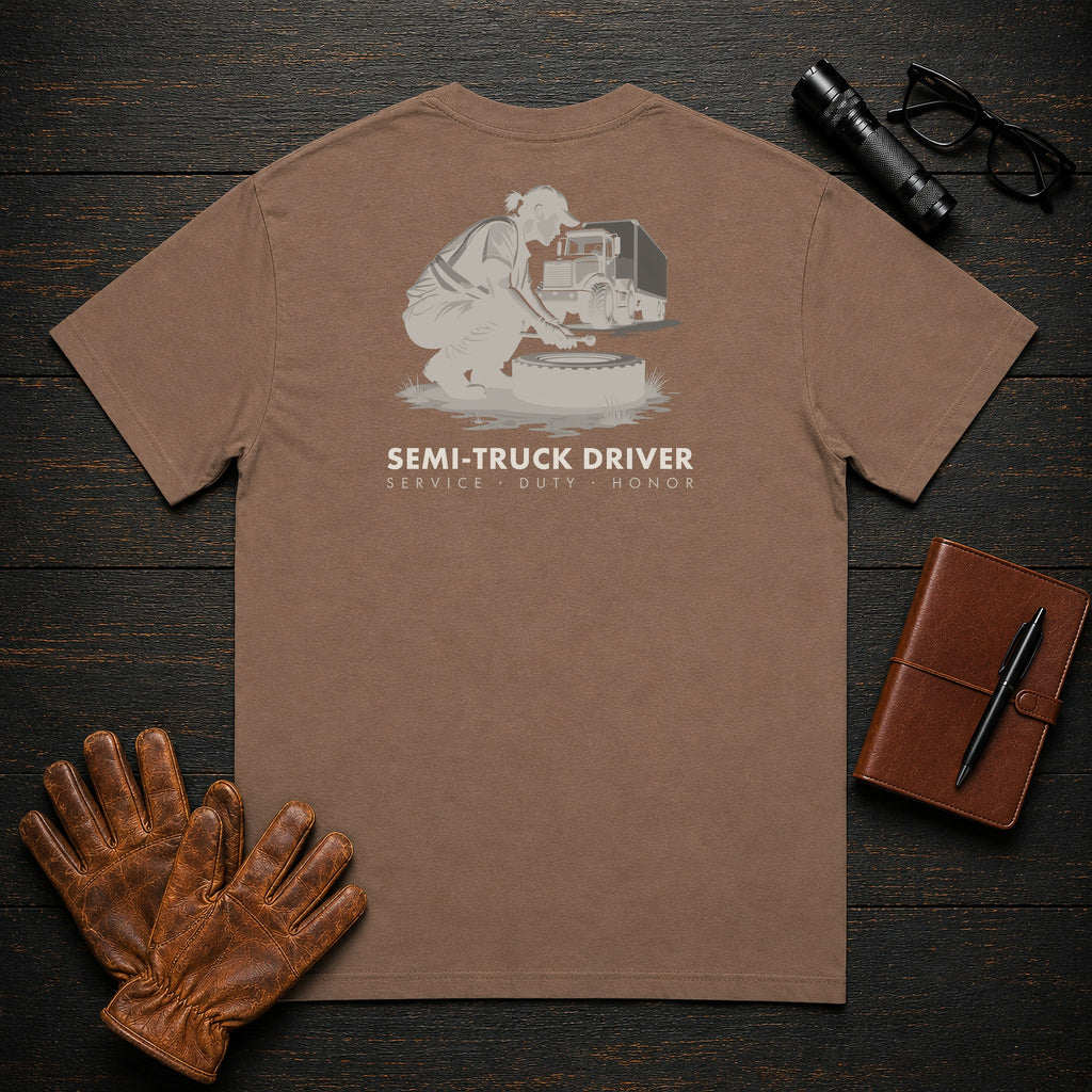 Semi Truck Driver t-shirt in Espresso, Trailer Walkaround (Female)