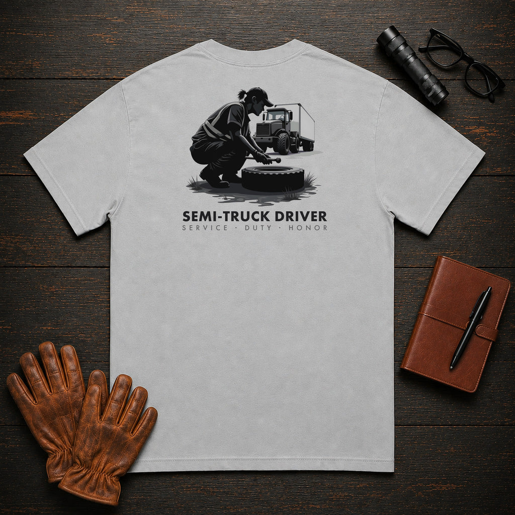 Semi Truck Driver t-shirt in Granite, Trailer Walkaround (Female)