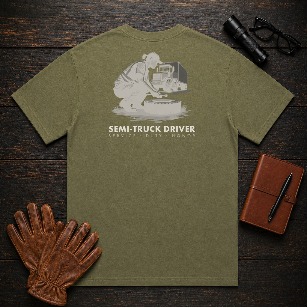 Semi Truck Driver t-shirt in Hemp, Trailer Walkaround (Female)