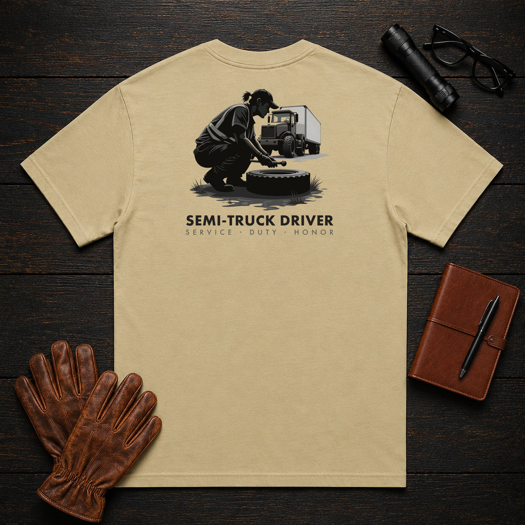 Semi Truck Driver t-shirt in Khaki, Trailer Walkaround (Female)