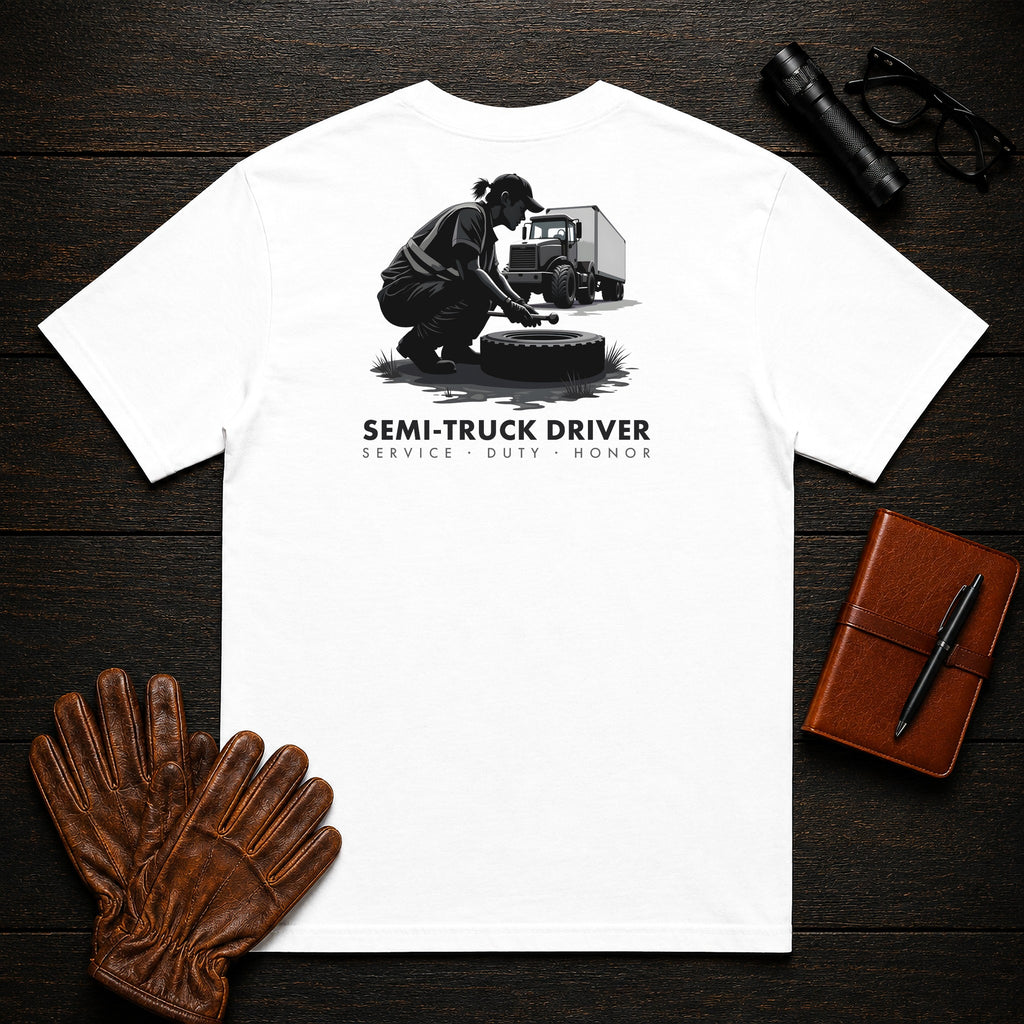 Semi Truck Driver t-shirt in White, Trailer Walkaround (Female)