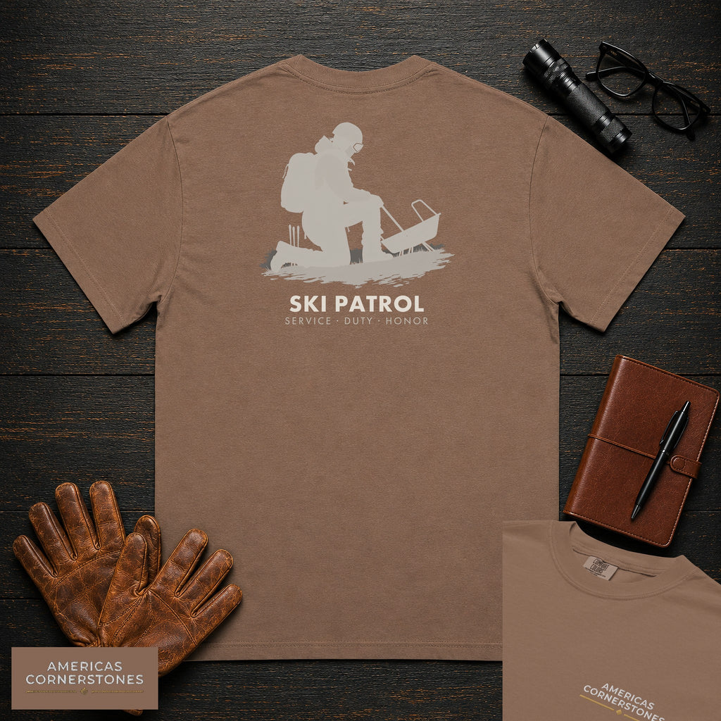 Ski Patrol embroidered t-shirt in Espresso, Toboggan Check (Female)