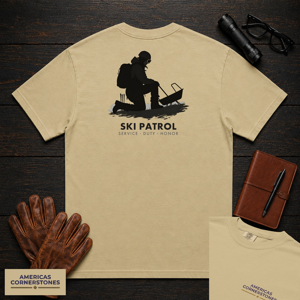 Ski Patrol embroidered t-shirt in Khaki, Toboggan Check (Female)