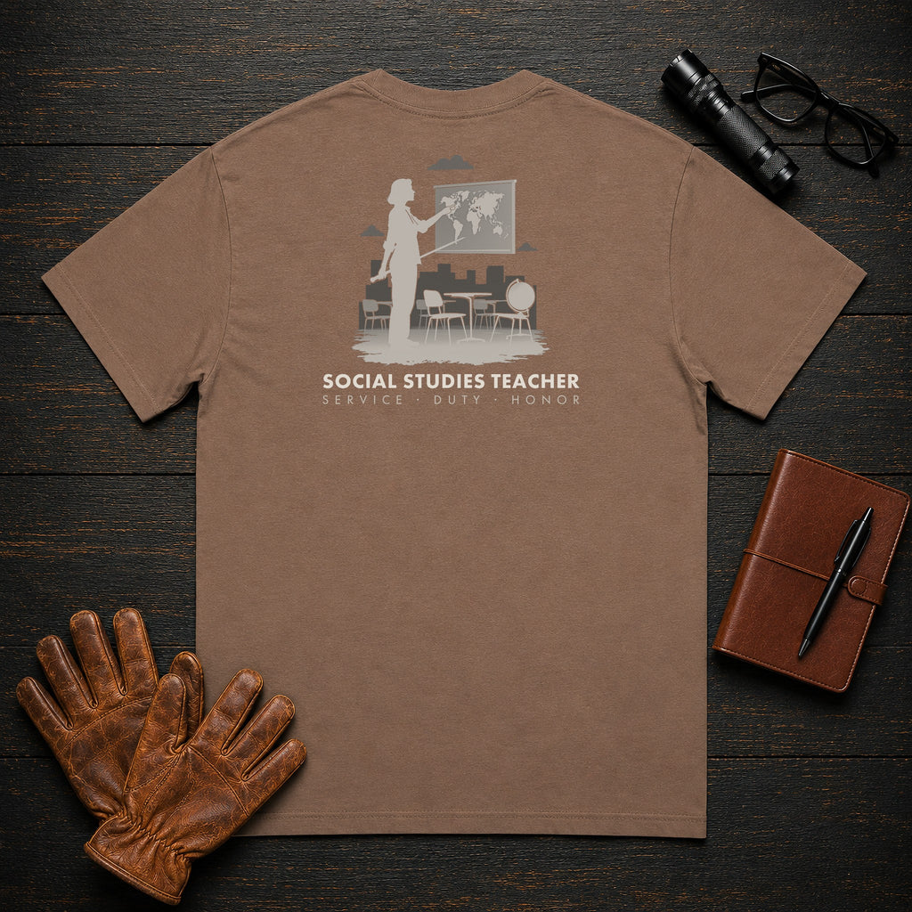 Social Studies Teacher t-shirt in Espresso, Pointing to map (Female)