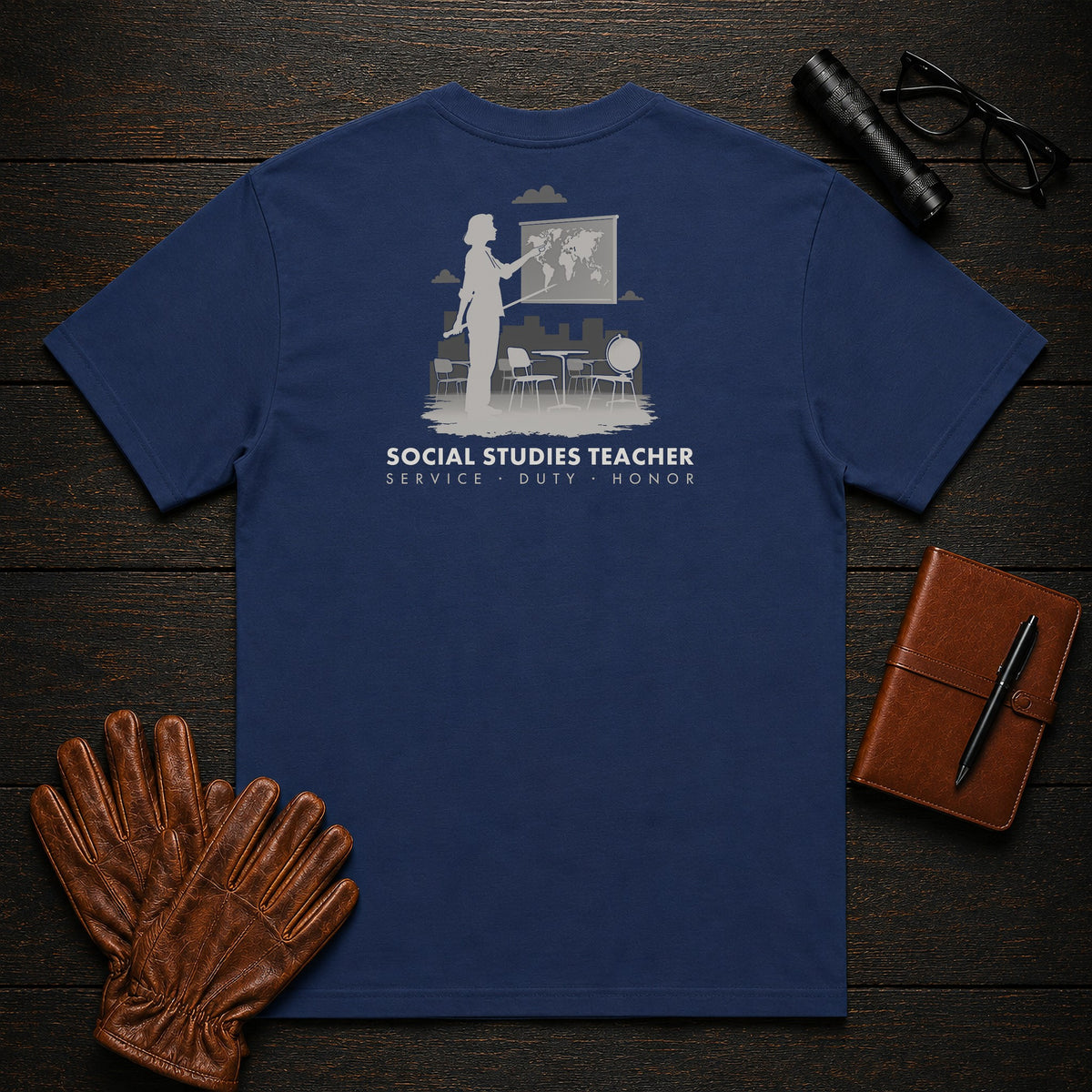 Social Studies Teacher t-shirt in True Navy, Pointing to map (Female)