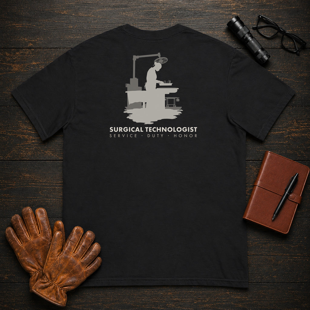 Surgical Technologist t-shirt in Black, Instrument Table (Female)