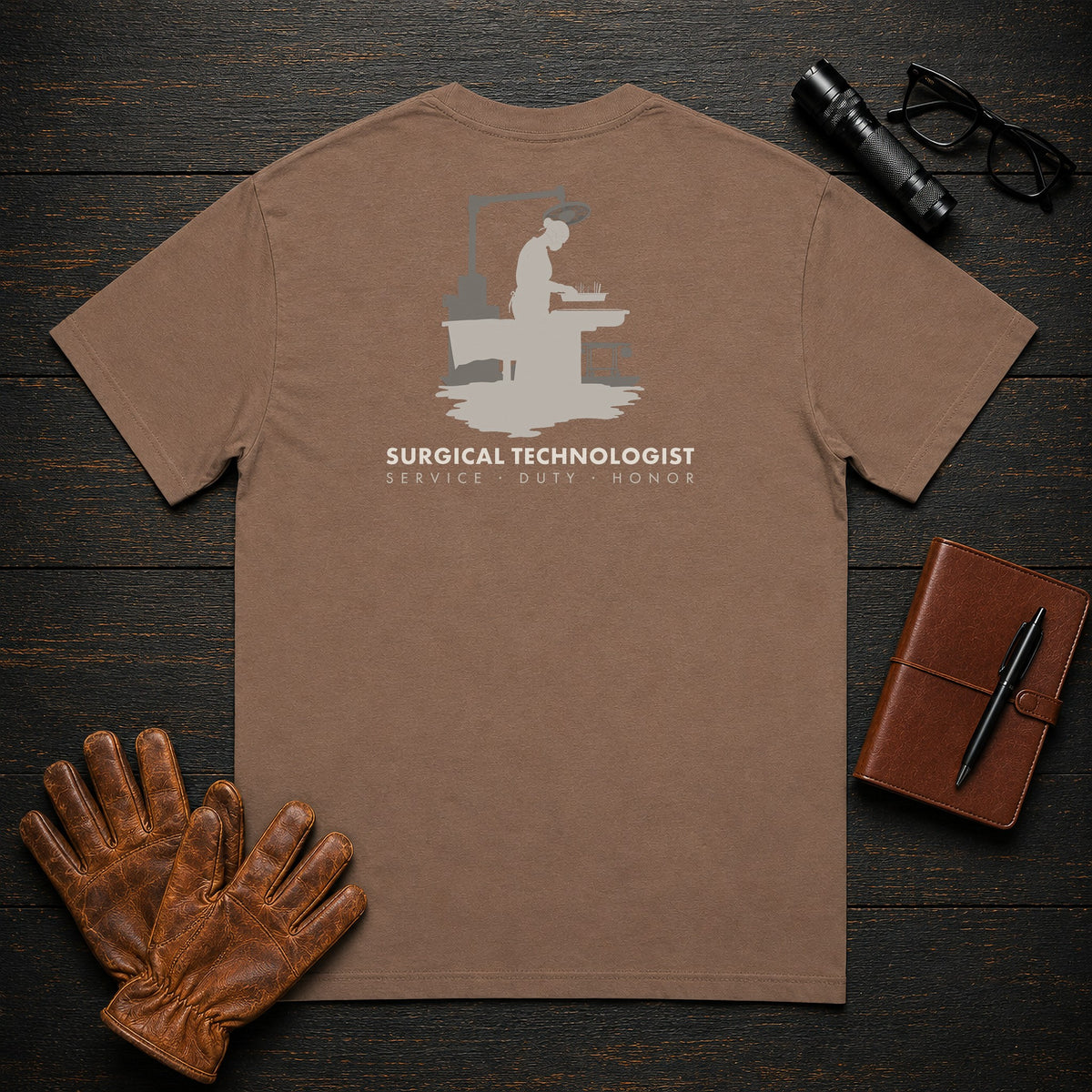 Surgical Technologist t-shirt in Espresso, Instrument Table (Female)