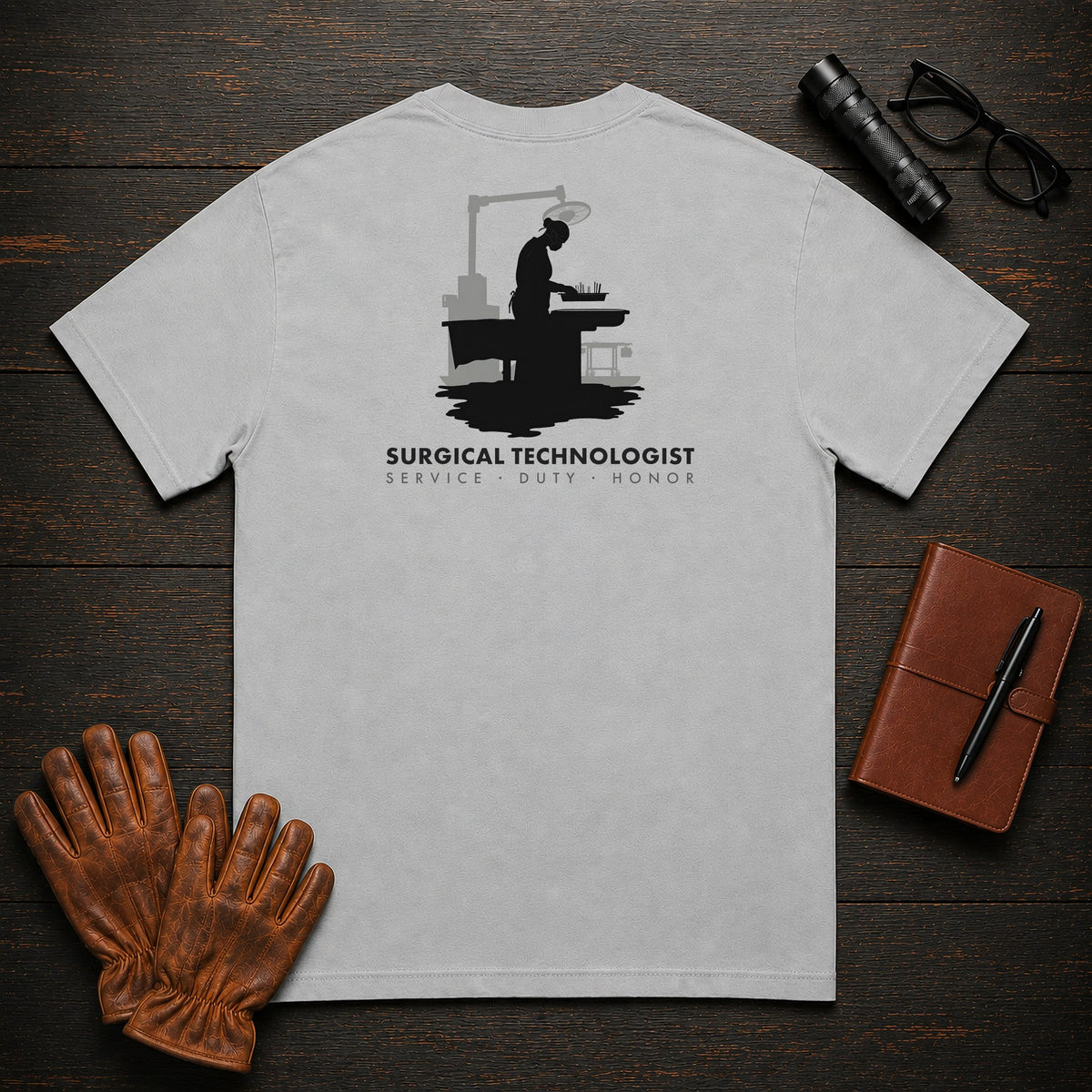 Surgical Technologist t-shirt in Granite, Instrument Table (Female)
