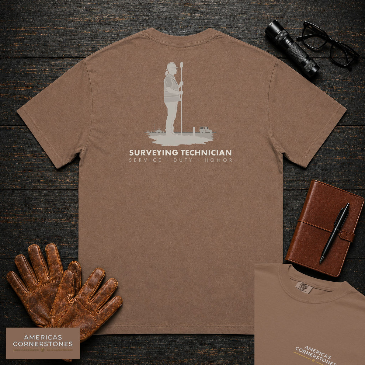 Surveying Technician embroidered t-shirt in Espresso, Holding the Pole (Female)