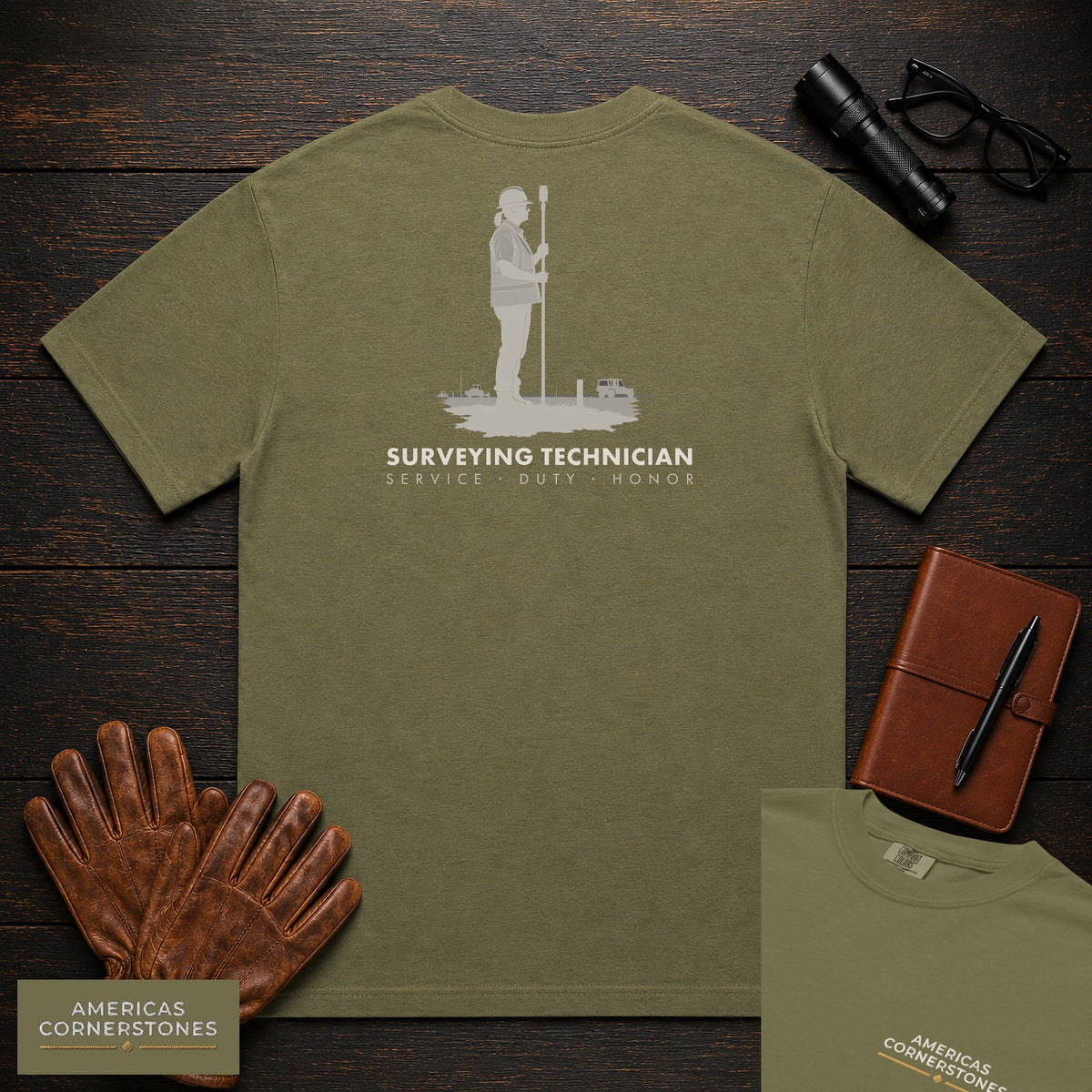 Surveying Technician embroidered t-shirt in Hemp, Holding the Pole (Female)