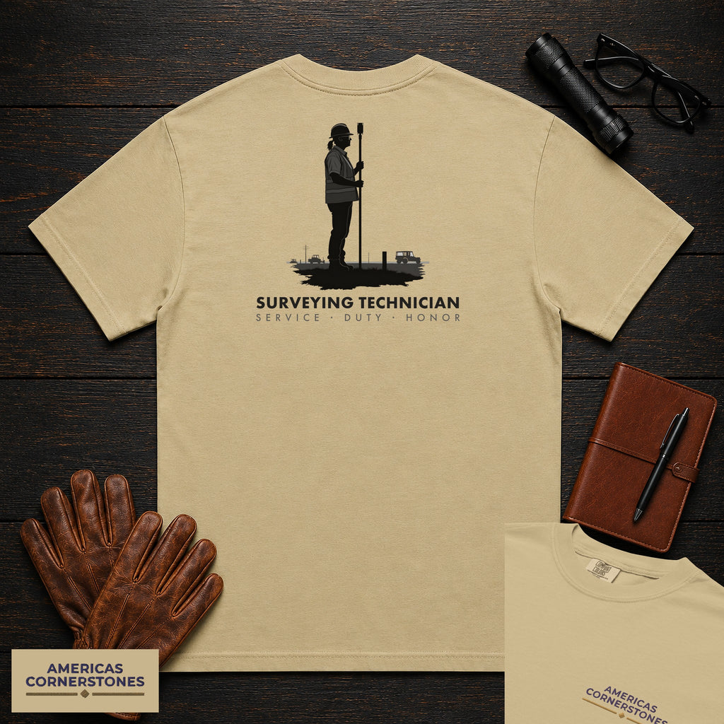 Surveying Technician embroidered t-shirt in Khaki, Holding the Pole (Female)