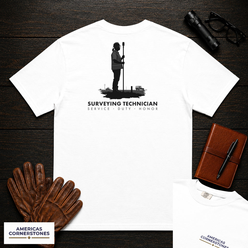 Surveying Technician embroidered t-shirt in White, Holding the Pole (Female)