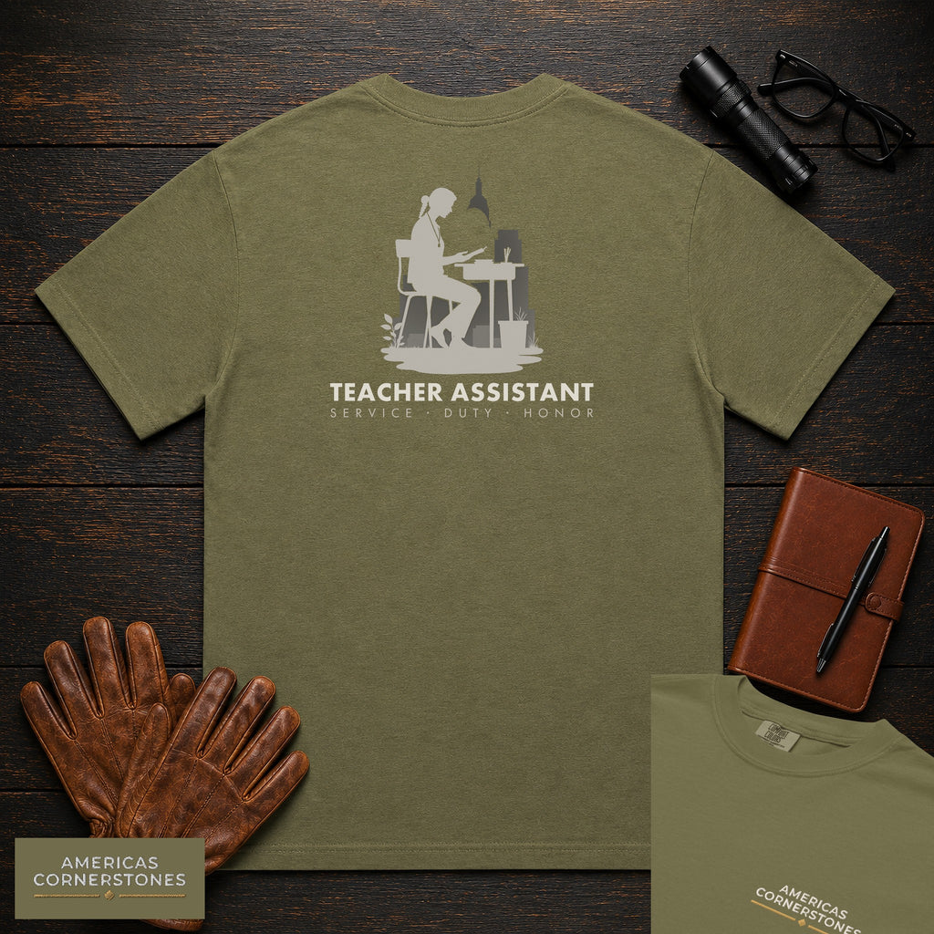 Teacher Assistant embroidered t-shirt in Hemp, Reading beside desk (Female)
