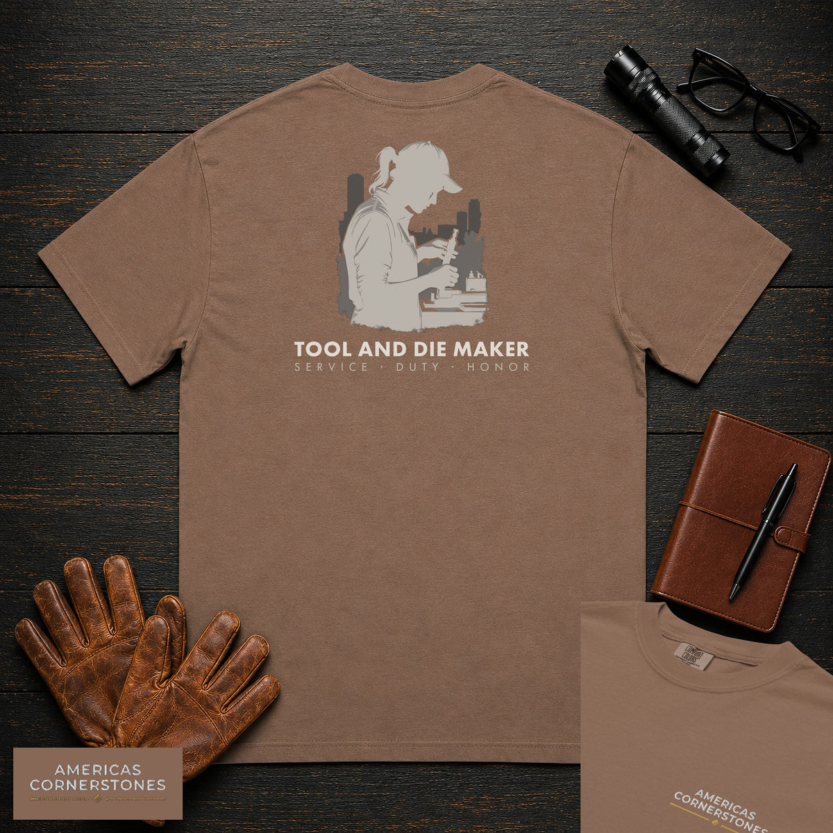 Tool and Die Maker embroidered t-shirt in Espresso, Measuring a Die (Female)
